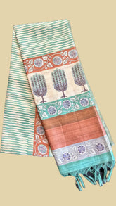 Green Line Patterned with Multi Colored Floral Patterned Pallu Phulwari Silk Saree